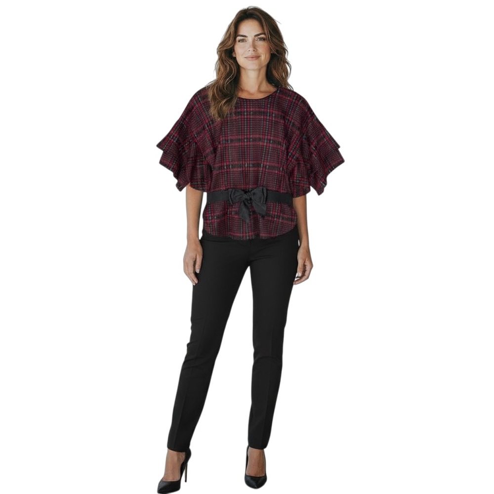 ANTHROPOLOGIE EVA FRANCO Women’s Red Plaid Belted Flutter Sleeve Top